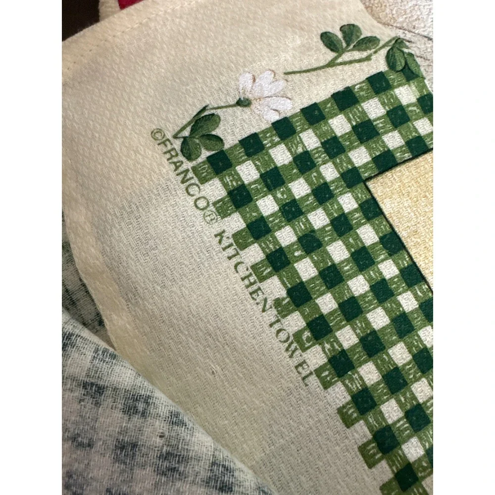 Franco Rooster Kitchen Towels Set /3 Cream Green Gingham Farmhouse Country Decor